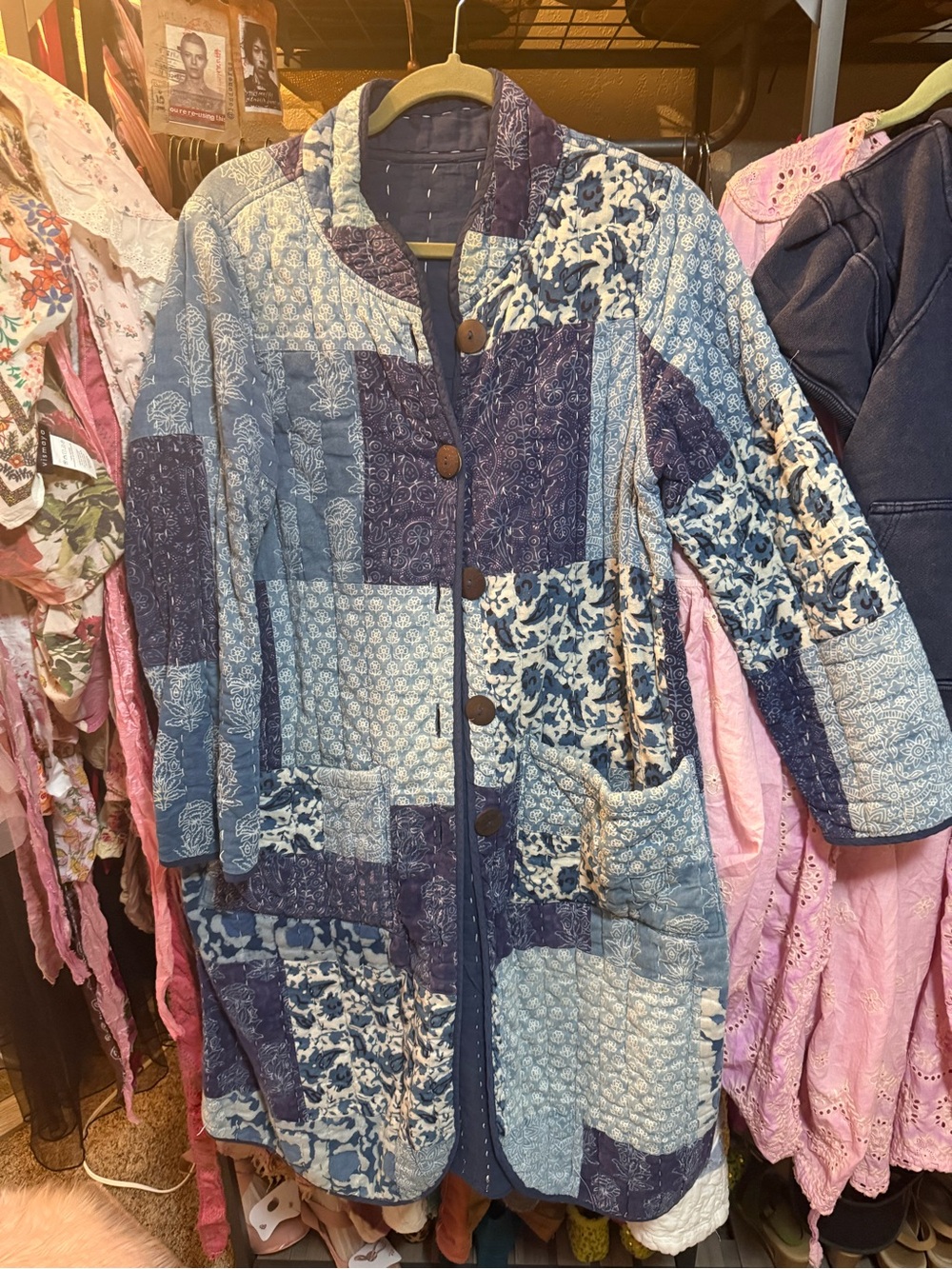 Vintage Quilted Patchwork Coat - Blue Multi